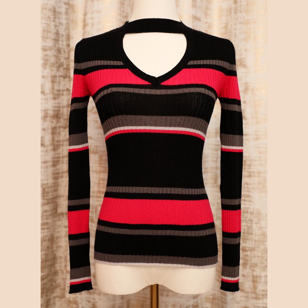No Boundaries Pink and Black Striped Cutout Neck Sweater Size S (3-5)